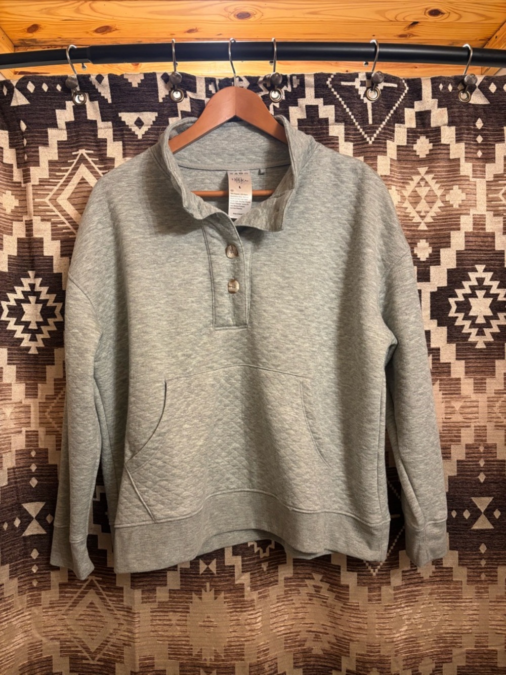 Serra Quilted Mock Neck Pullover, Pockets, Gray Button Henley, Size Large